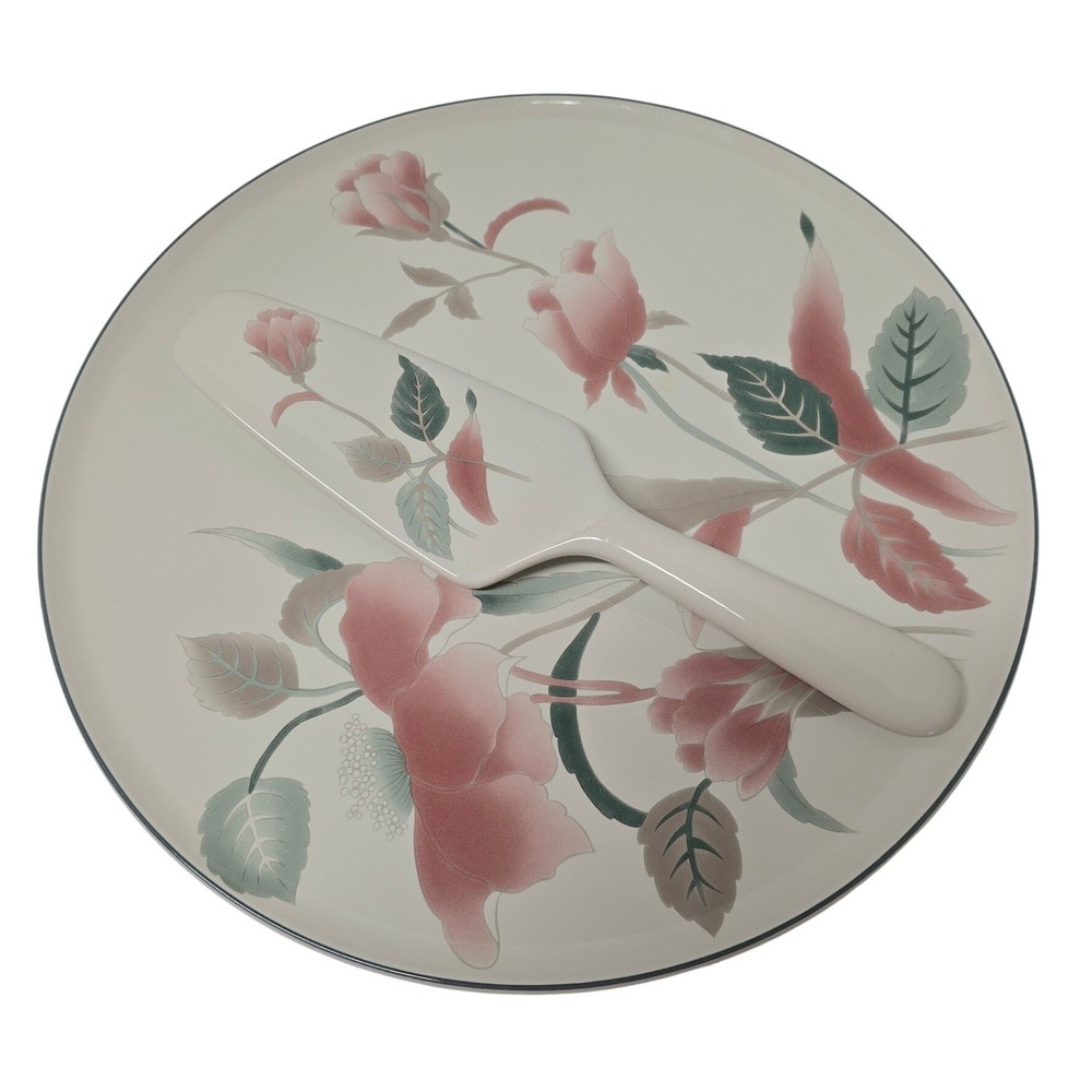 Vintage 80s Mikasa Silk Flowers Round Cake Platter & Server Set Cottagecore